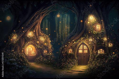 Stampa su tela Fantasy houses in magic forest at night, fairy tale habitation in trees trunks,