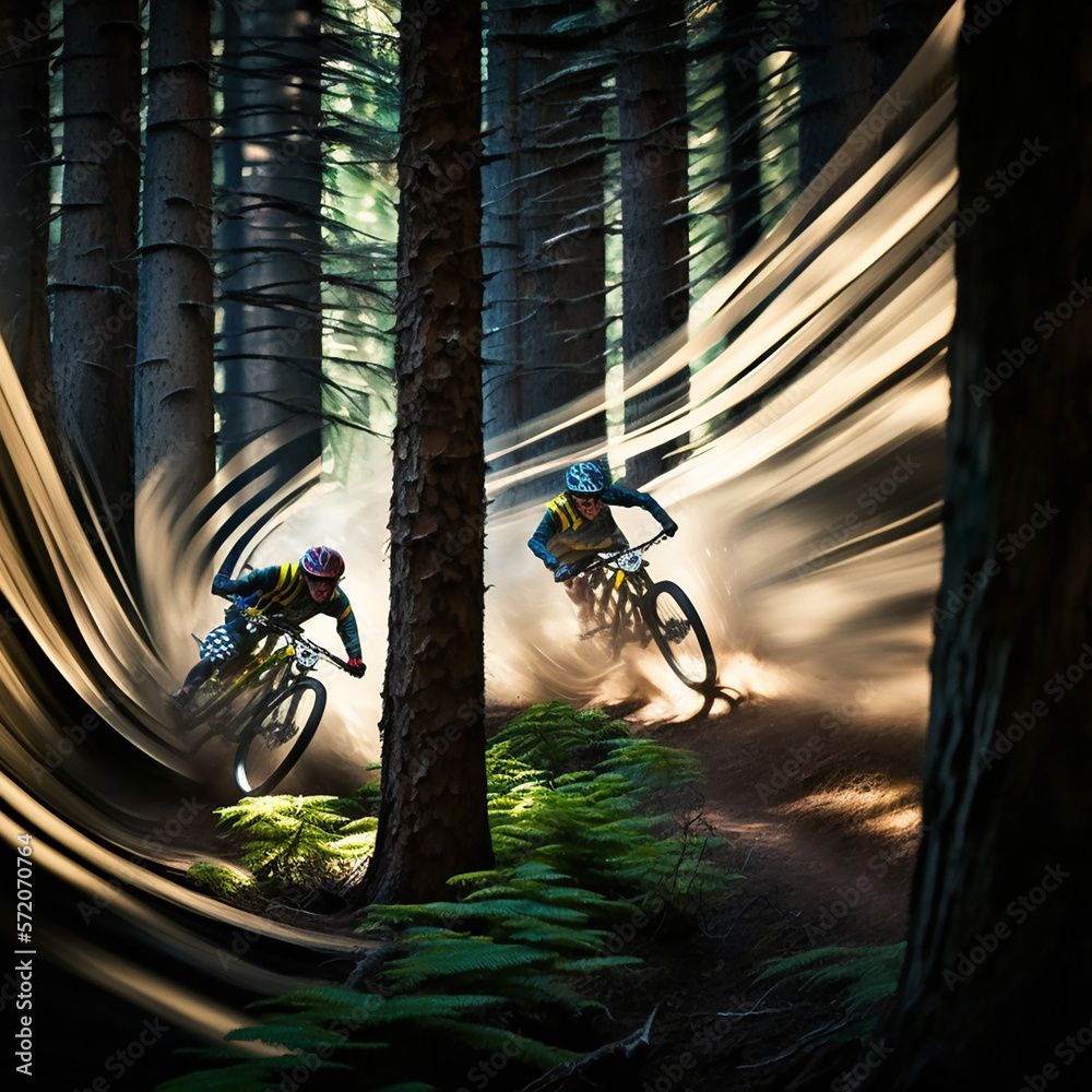 Naklejka premium person riding a bike in the forest