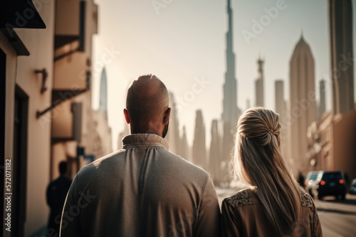 Fotografia couple in dubai looking burj khalifa, generative AI