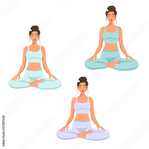 Female cartoon character sitting in lotus posture and meditating. Girl with crossed legs. Colorful flat vector illustration with plants. Faceless young pretty woman performing yoga exercise. (ID: 572071328)
