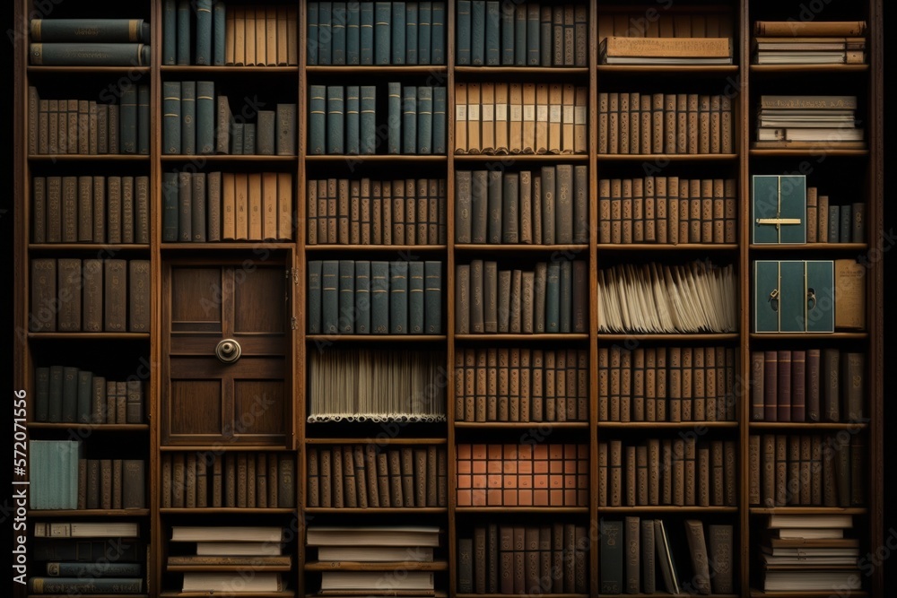 Wall from shelves with file binders, an office room with papers and documents, generative ai