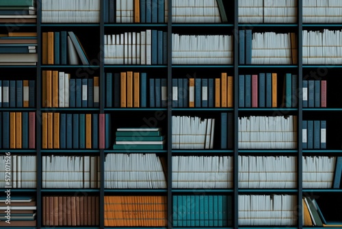 Wall from shelves with file binders, an office room with papers and documents, generative ai
