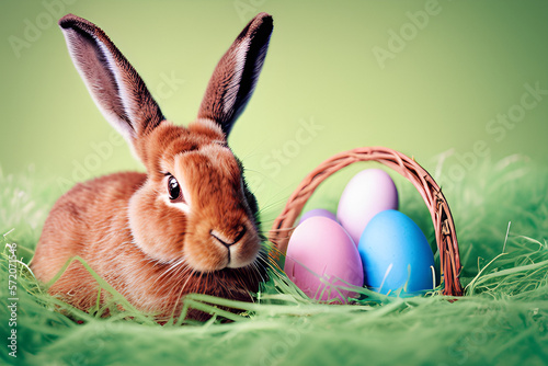 Easter eggs in a basket, Easter hare, Easter holiday, Easter card. painted eggs, generative ai