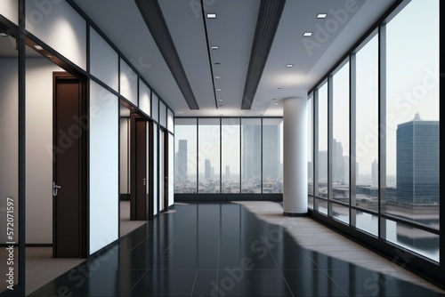 modern empty office interior with skyline background, generative ai