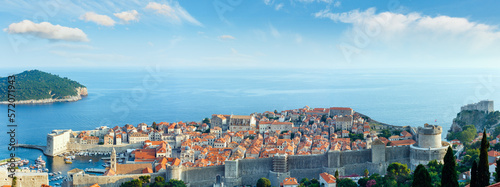 Famous Dubrovnik Old Town summer panorama with fortress wall and Minceta Tower (Croatia). 