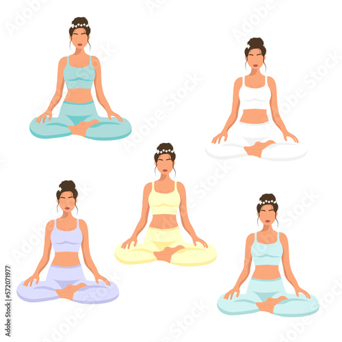 Female cartoon character sitting in lotus posture and meditating. Girl with crossed legs. Colorful flat vector illustration with plants. Faceless young pretty woman performing yoga exercise. (ID: 572071977)