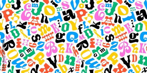 Colorful retro typography letter seamless pattern in abstract art style. Trendy funky symbol lettering text background illustration. English education wallpaper print, grammar alphabet texture.