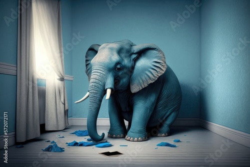 Blue Monday elephant concept, sad depressing day, elephant in a room, generative ai