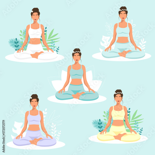 Female cartoon character sitting in lotus posture and meditating. Girl with crossed legs. Colorful flat vector illustration with plants. Faceless young pretty woman performing yoga exercise. (ID: 572072179)