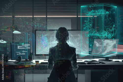 Business woman working on computer, futuristic data,holographic information.