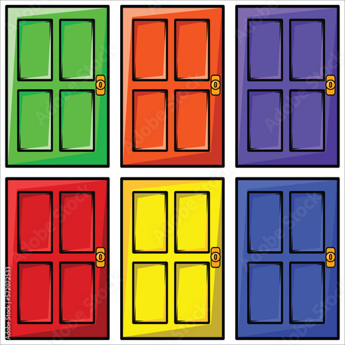 Multi color vector doors set in flat lay style. 2d flat vector doors set in multi color. 