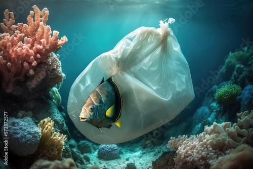 Fish trapped in plastic bag under the ocean. Environmental awareness concept. Generative AI illustration
