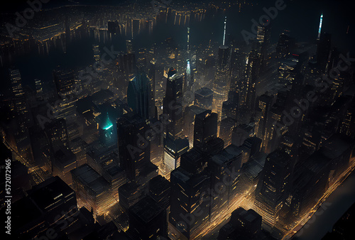 city at night, aerial view, generative ai