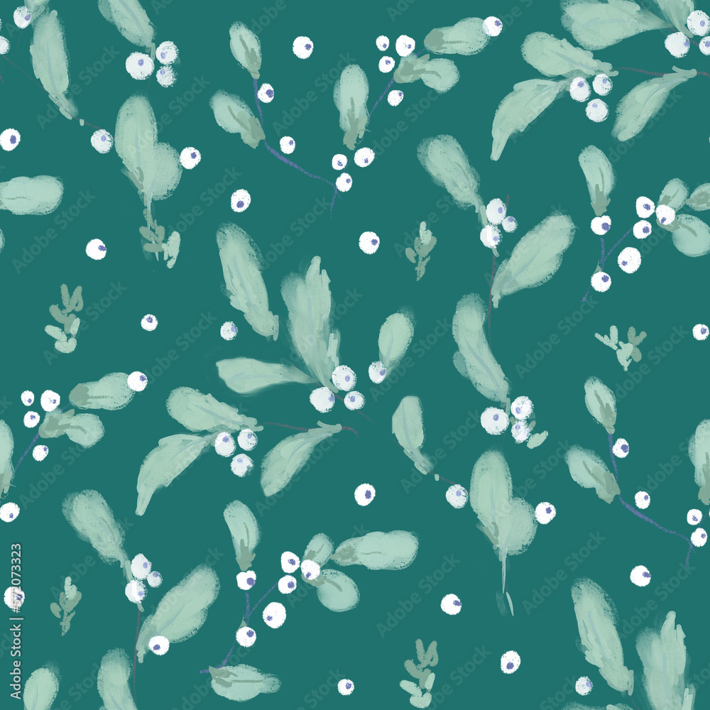Seamless pattern or teal branches and white berries