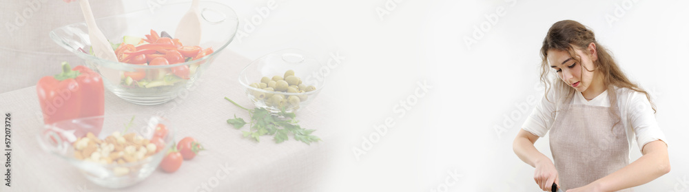 banner cook food crucible mold woman girl close-up cooking something in an apron on a white background banner for advertising a restaurant food cafecooking courses banner cook food crucible mold woman girl close-up cooking something in an apron on a white background banner for advertising a restaurant food cafecooking courses