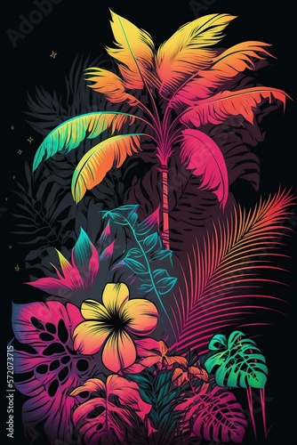 illustration  tropical palm trees with neon lights  ai generative