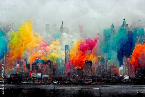 watercolor painting of a city  exploding colors  brightening up the grey city with beautiful paint explosion
