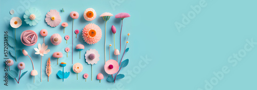 Flat lay creative illustration concept of fresh field Spring flowers on a pastel blue background. Beautiful pink bloomed flowers, Abstract Background, generative AI