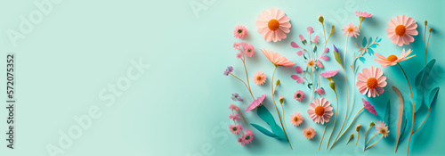 Flat lay creative illustration concept of fresh field Spring flowers on a pastel blue background. Beautiful pink bloomed flowers, Abstract Background, generative AI