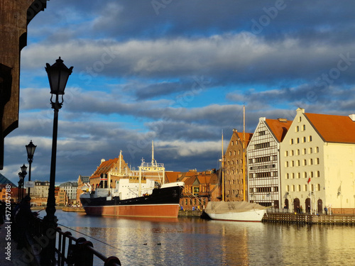 Gdansk on a winter sunny day. Soldek ship museum on Motlawa river photo