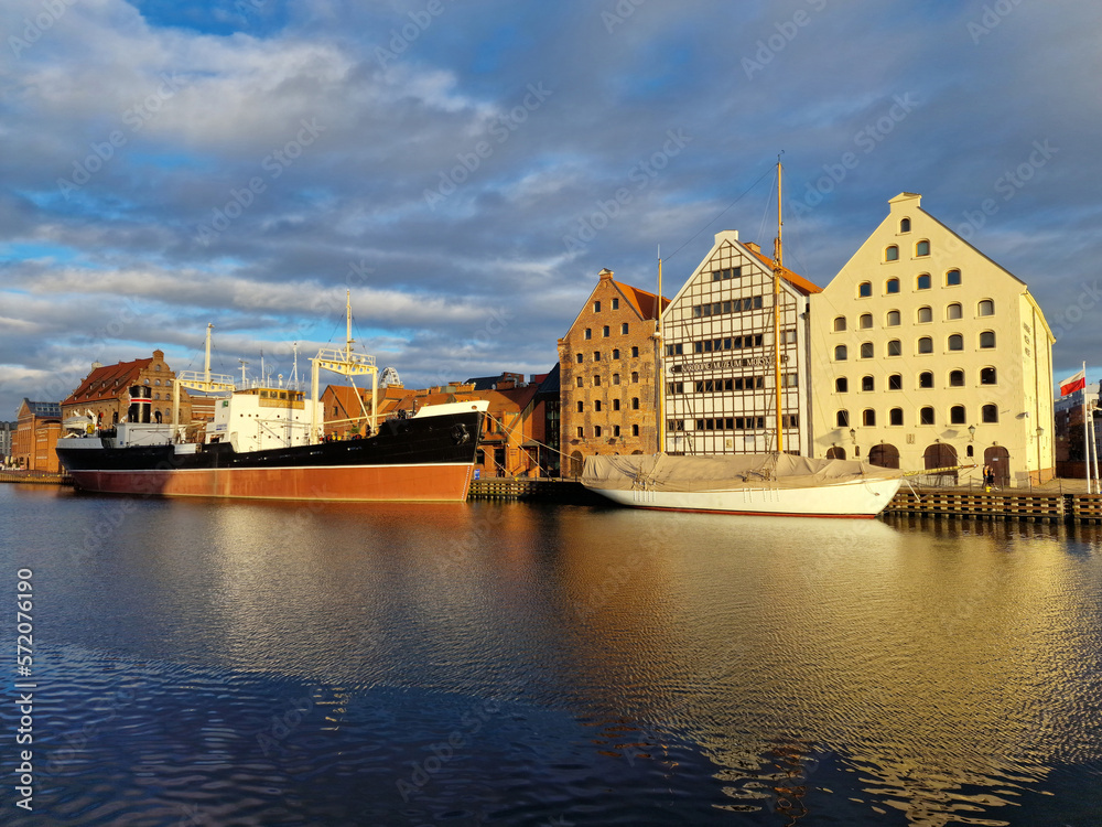Gdansk on a winter sunny day. Soldek ship museum on Motlawa river. Gdansk, Poland
