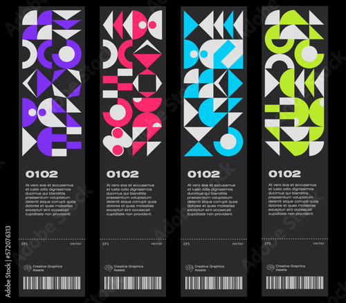 Ticket vector template layout with abstract Bauhaus geometric pattern, vector circle, triangle, and square lines color art design.  Useful for banners, posters, flyers, prints, labels, tickets.