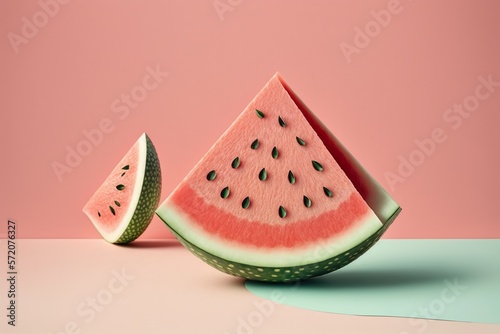 Watermelon slice pattern on pastel pink background. Minimal fruit concept. Generative AI