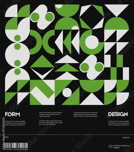 Swiss poster design template layout with clean typography and minimal vector pattern with colorful abstract geometric shapes. Bold form graphic design, useful for album print,website header,web banner