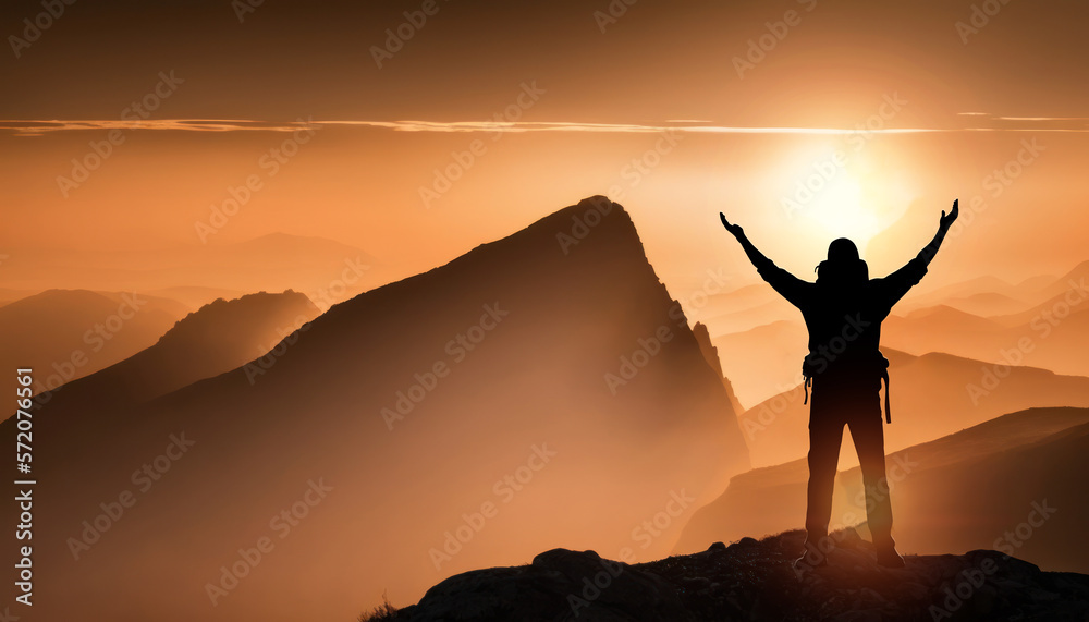 Silhouette of a person on the top of mountain.