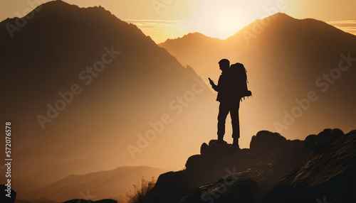 Silhouette of a person on the top of mountain.