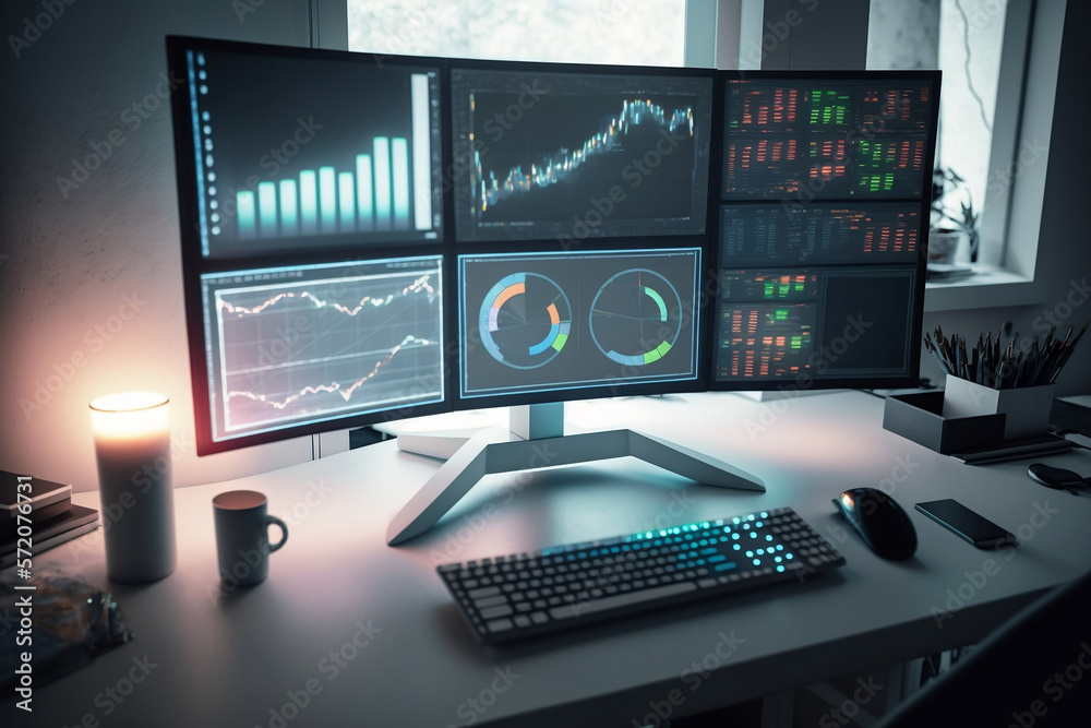 Office computer displaying stocks and financial graphs on multiple monitors with backlit LED keyboard and mouse as lit candle illuminates white table and office window allows in sunlight Office computer displaying stocks and financial graphs on multiple monitors with backlit LED keyboard and mouse as lit candle illuminates white table and office window allows in sunlight