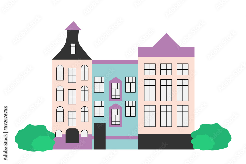 A set of urban houses in a flat style. Cute high-rise buildings in Scandinavian style. Small house, colorful house, flat houses illustration. White isolated background. 