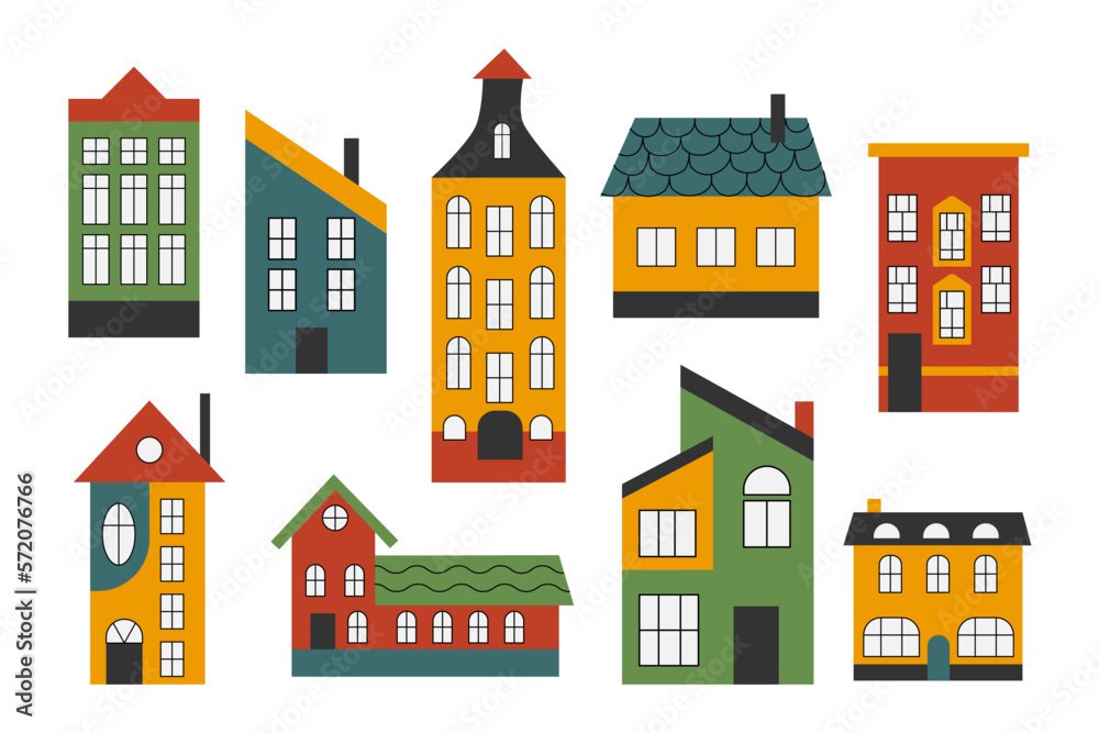 A set of colorful flat style houses. Buildings with Scandinavian style windows. Fancy town and country houses with windows, roof tiles and chimneys with smoke. Cute country tiny houses. 