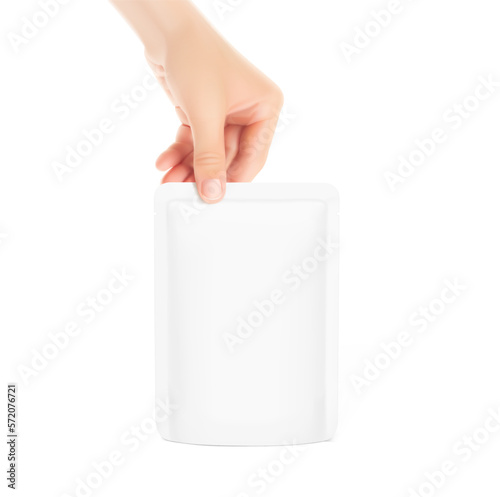 The hand holds the pouch bag. Vector illustration isolated on a white background. Can be used to present your product. EPS10.	