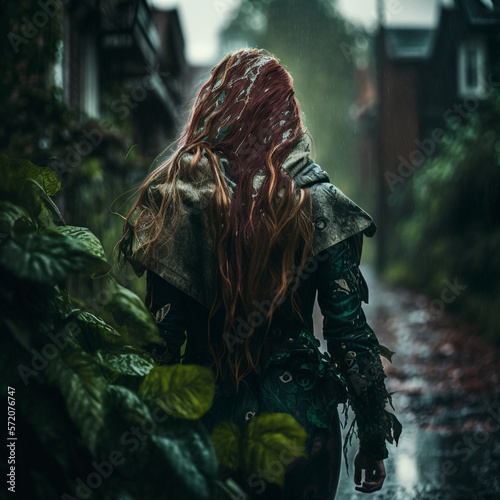Woman from behind in green, walking next to a plant © HY