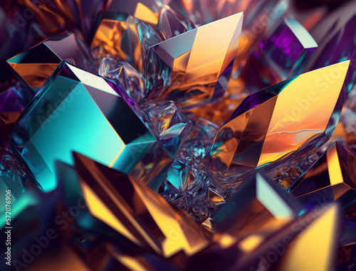 Abstract background of shiny translucent crystals, each with its unique shape and color. The crystals appear to be illuminated from within, creating a captivating glow and a sense of depth. 