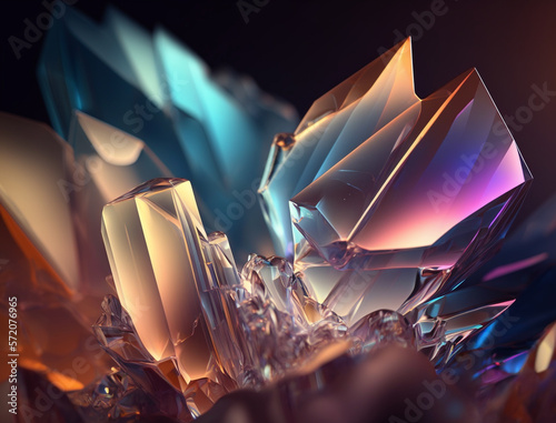 Abstract background of shiny translucent crystals, each with its unique shape and color. The crystals appear to be illuminated from within, creating a captivating glow and a sense of depth. 