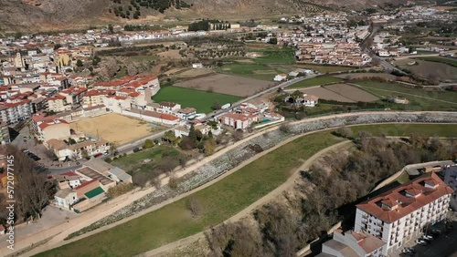 Aerial 4K video from drone to city of Loja and Church of the Incarnation with Moorish Alcazaba and Gorda Peak at Loja ,Granada, Andalusia, Spain, Europe (Series)