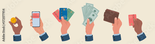 Set of businessman hands holding money, wallet, credit cards, coin, phone. Hand drawn vector vector illustration isolated on light background. Modern flat cartoon style.