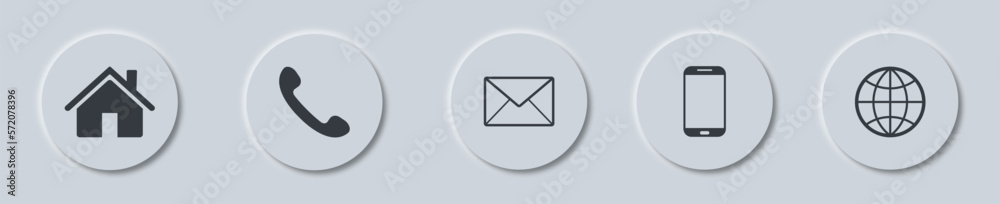 Web kontakt button in neumorphism style. Contact icons buttons set. Vector illustration. Web kontakt button in neumorphism style. Contact icons buttons set. Vector illustration.