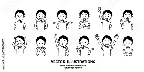 表情とジェスチャーのイラストセット　半袖の男性　線画　ベクター
