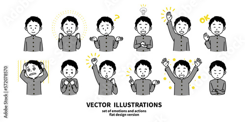表情とジェスチャーのイラストセット　学ランの男の子