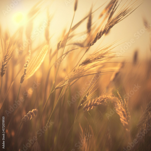 Wheat in the rays of the rising sun close-up. High quality illustration