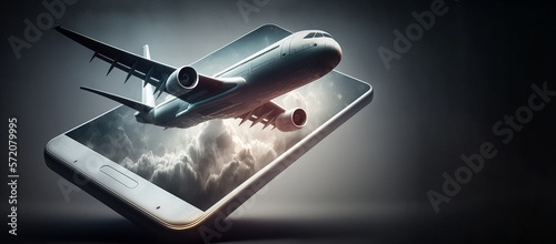 Airplane coming out from smart phone screen. Ai generative illustration