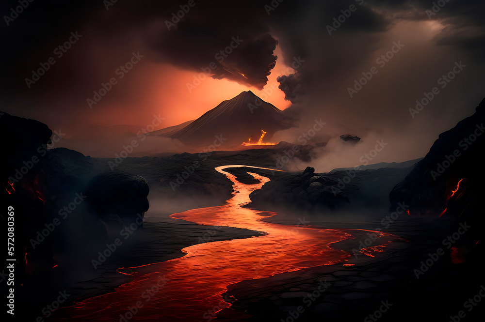 Generative AI, mountain landscape with a river of lava flowing on the ground, a volcano eruption in a picturesque landscape.