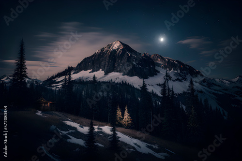 Generative AI, night spectacular mountain landscape before dawn.