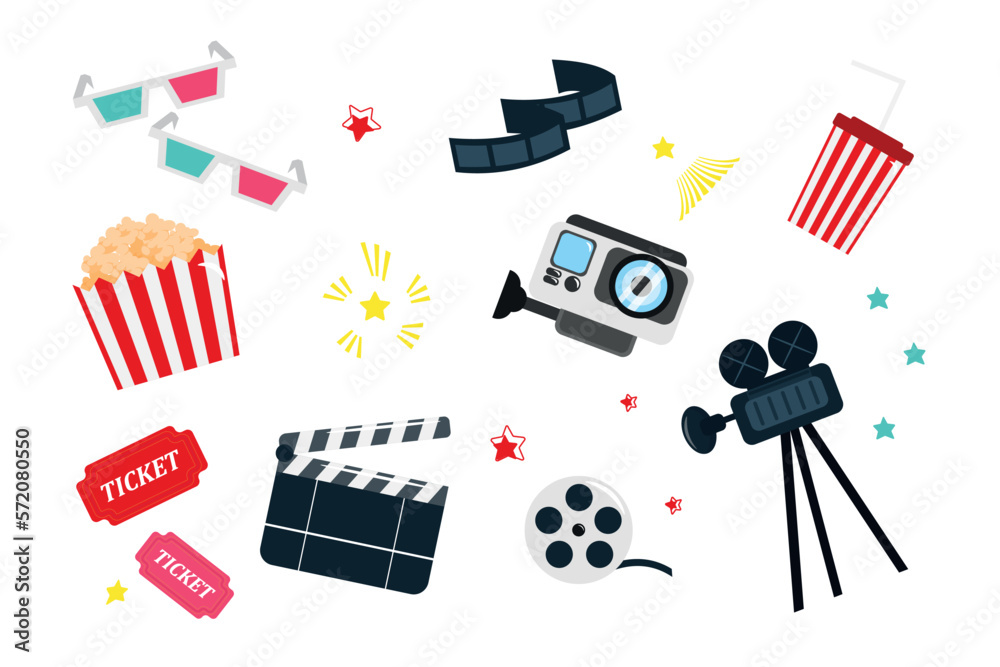 Set of film equipment in cartoon style. Vector illustration of 3D glasses, filmstrip, popcorn, juice, camera, tickets, retro camera, movie clapper, roll film isolated on white background.