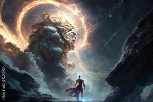 Kronos Titan Confronting Mortal Hero – Epic Mythological Clash in Cinematic Fantasy Style