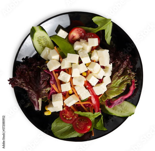 Green Salad With Cubed Feta Cheese Aerial View Isolated PNG File