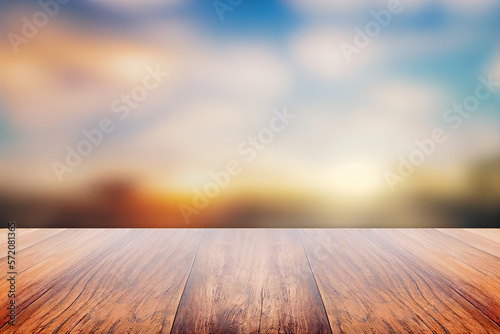 Empty wooden table  blurred sunset background. Wood desk surface mockup for design or product display. Created with Generative Ai technology